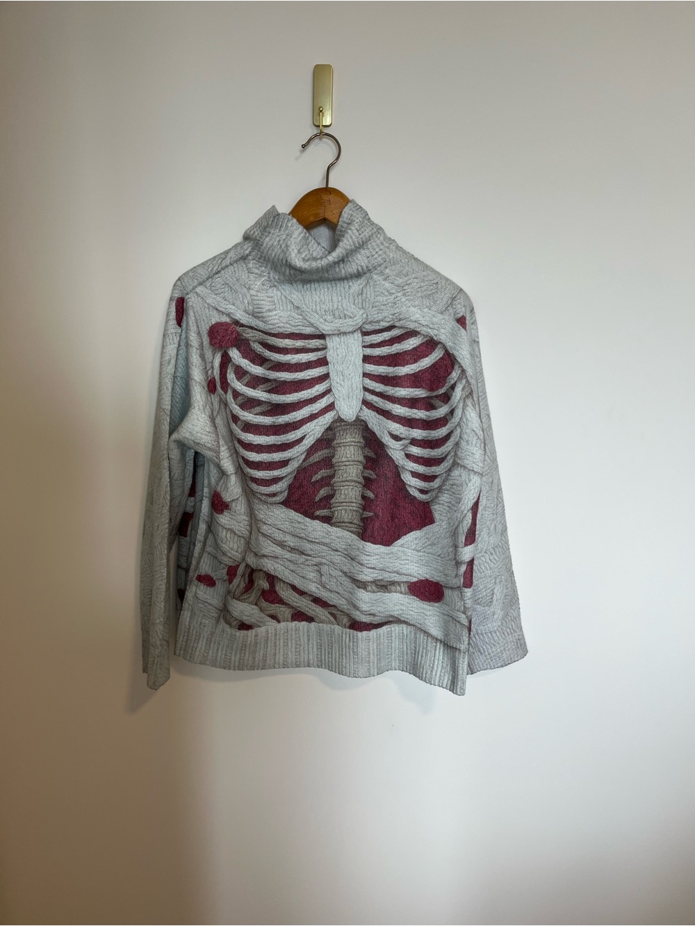 Gray Turtleneck Skeleton alternative Knit Sweater with Berry Accent goth punk
